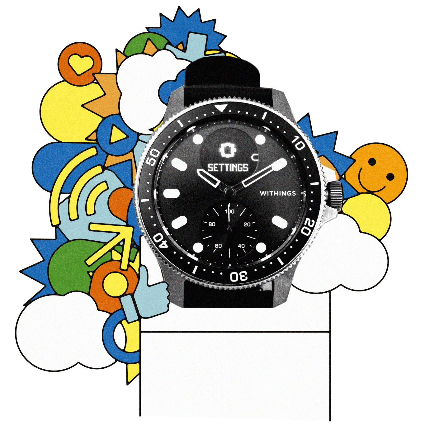 A smart watch with illustrated drawings.